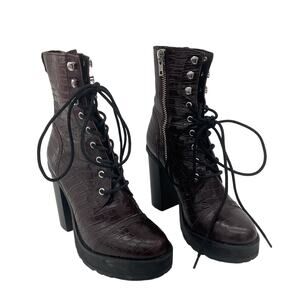 Winnie Harlow X Steve Madden Dark Red Women's Croc Print Leather Boots, Size 8
